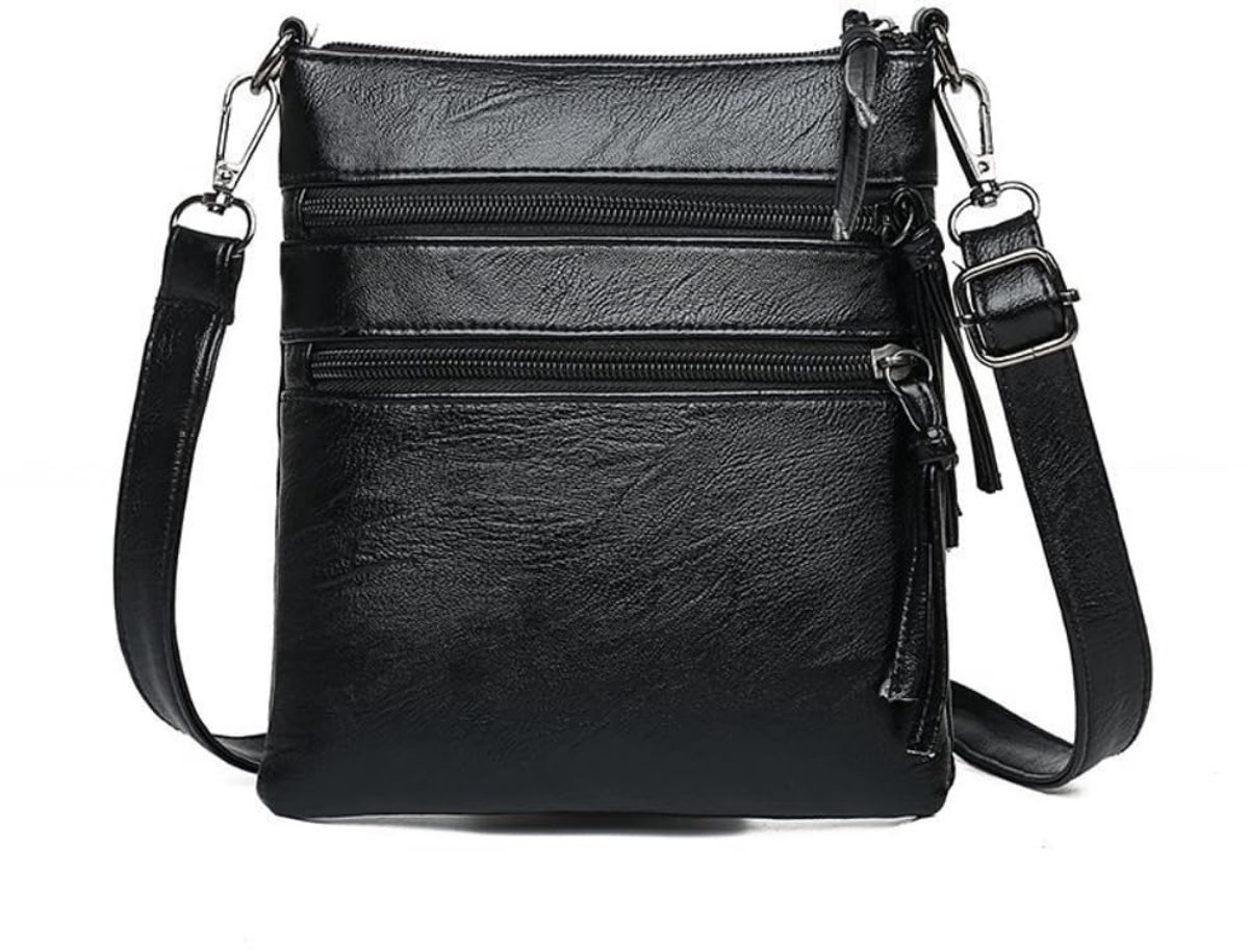 Dames crossbodytas – Ruim model, schoudertas van zacht leer met telefoonvak met ritssluiting (Zwart)