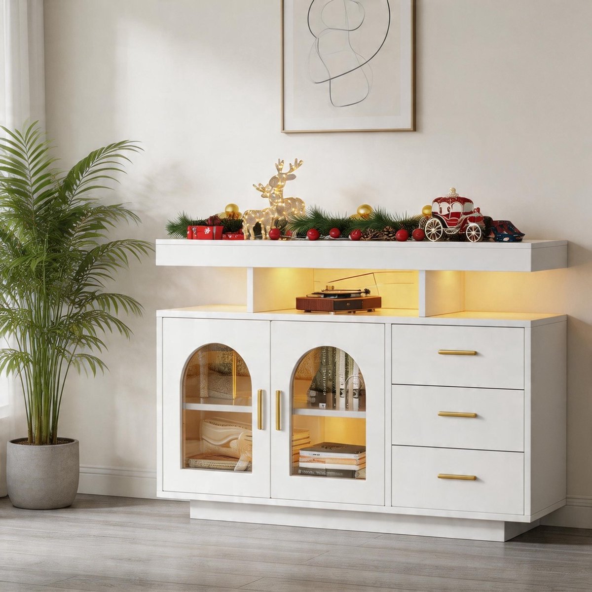 KOMHTOM - LED-dressoir-buffetkast grote koffiebar - ladekast dressoir voor de woonkamer - hoogglans keukenkast met 16-kleurenverlichting voor de eetkamer - wit - 120 cm