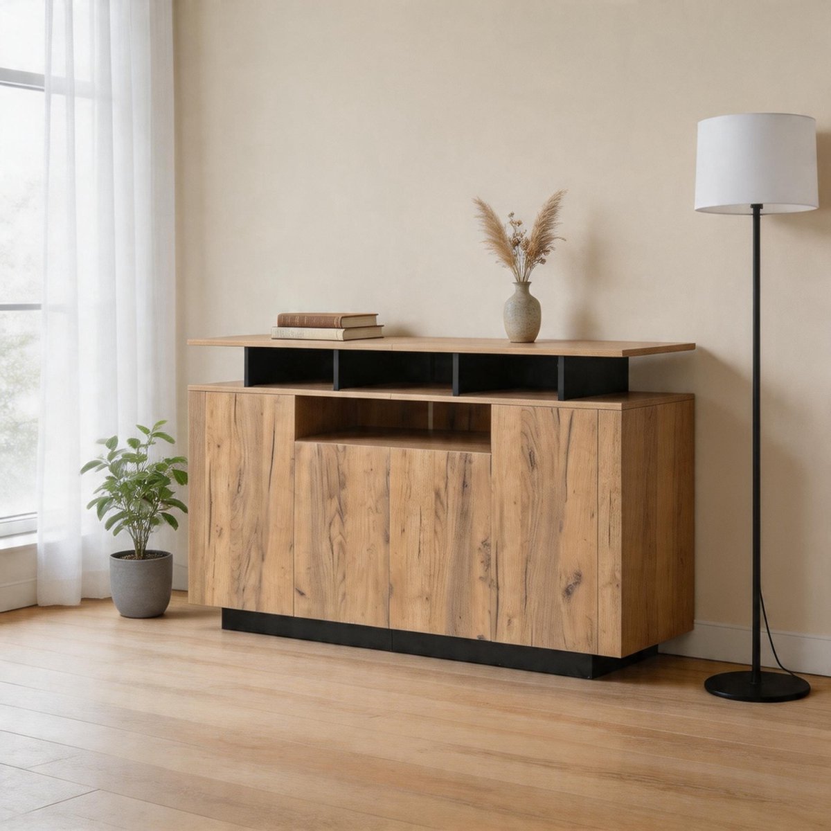 KOMHTOM - Commode dressoir met 4 deuren en drie open vakken - voor de woonkamer, hal of kantoor - naturel - B140/D40/H85 cm
