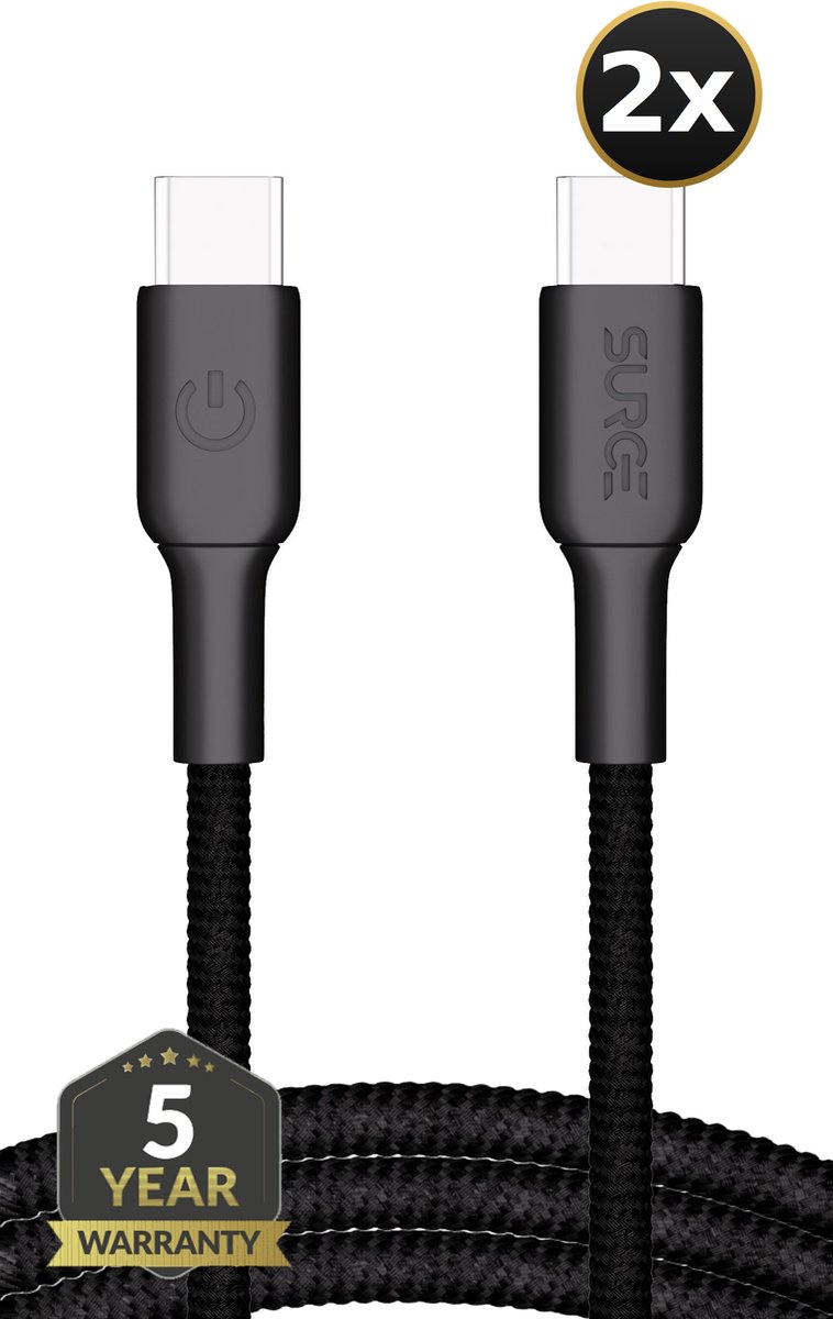 Surge 2x USB C naar USB C kabel - 100W - 2 Meter Oplaadkabel - Snellader met 15% Kevlar