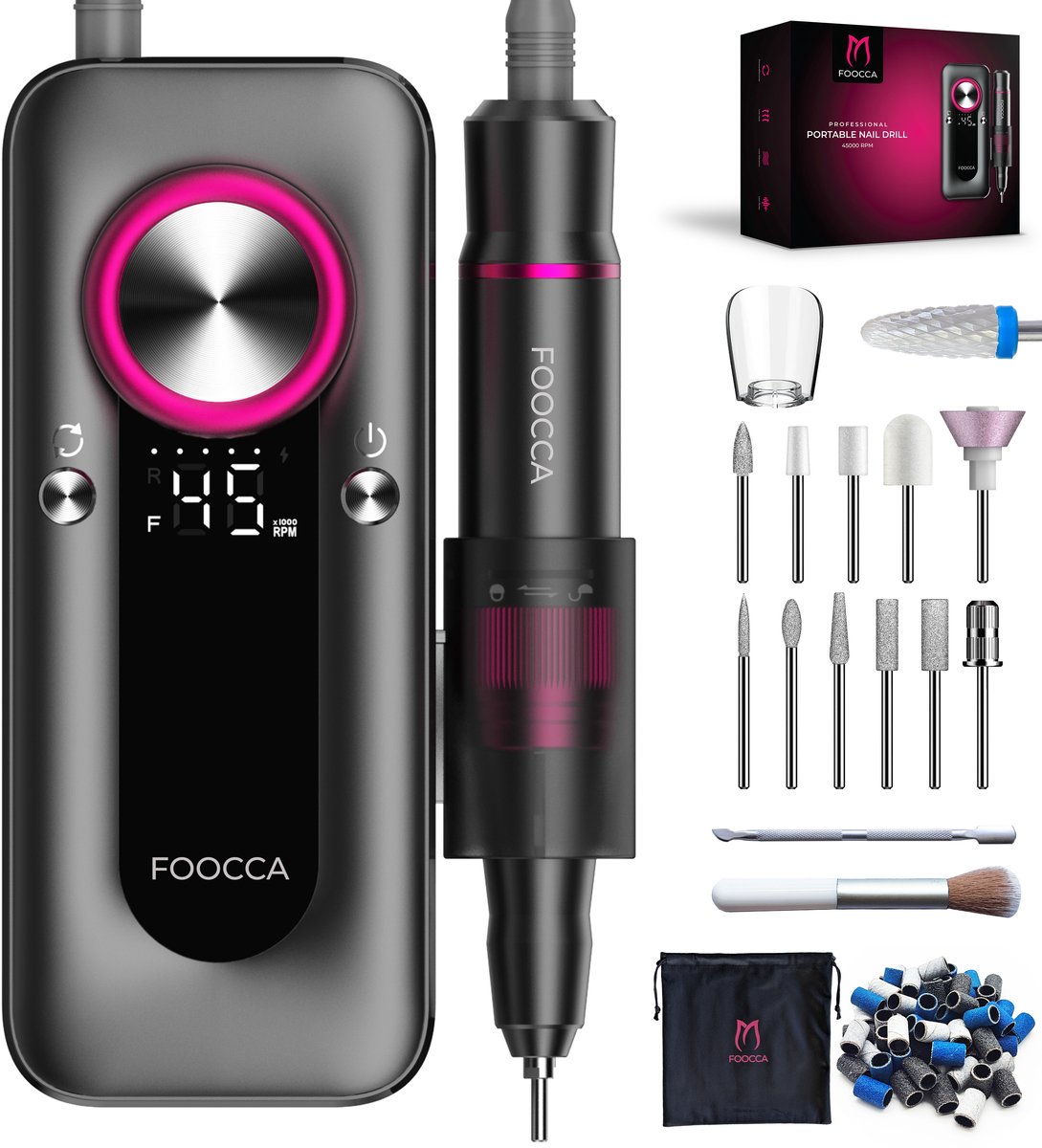 FOOCCA® Elektrische Nagelvijl - Nagelfrees 45000 RPM - Oplaadbaar - Portable Pro - 12 Bitjes + 65 Schuurrolletjes + 3 Accessoires - Nagelstofkap - Manicure en Pedicure Set - 4000 mAh Accu - Broekriemclip - Eeltverwijderaar - Kalknagels