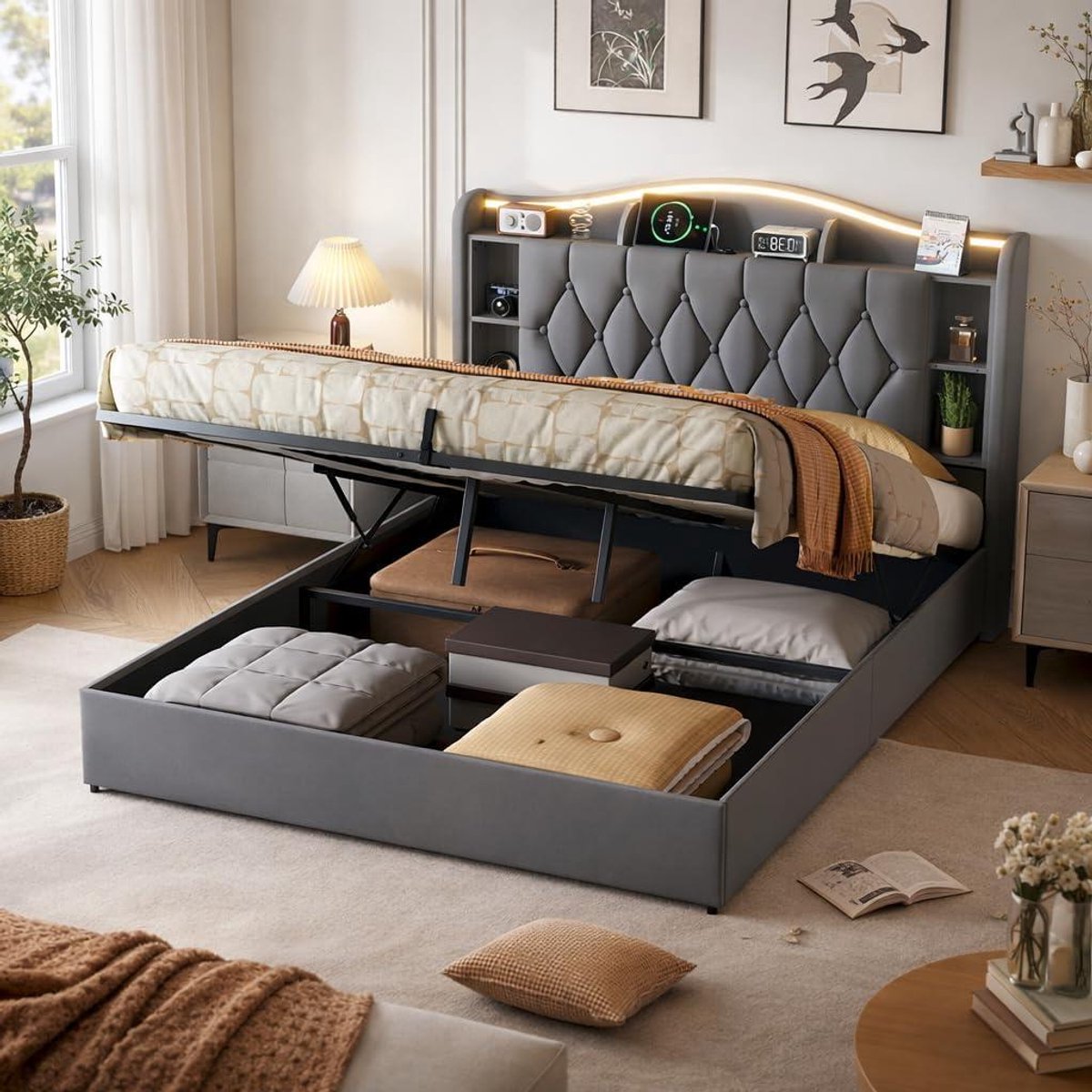 Gestoffeerd Bed - Opbergbed - Ruimte Besparen - Hydraulische Lade - 160 x 200 cm - Grijs