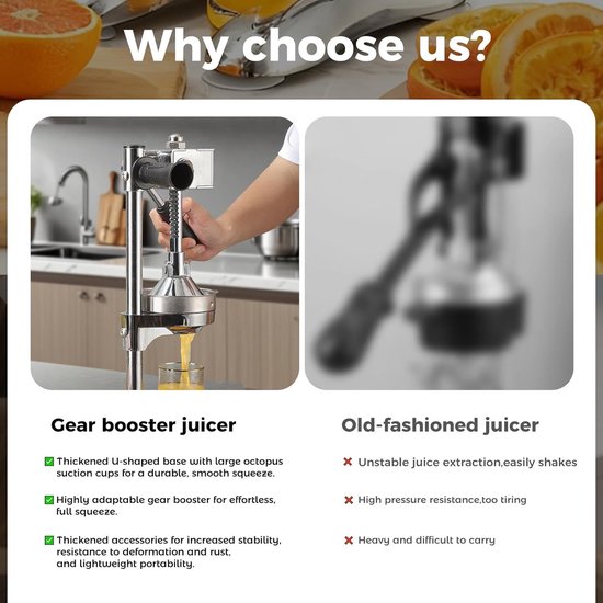 Handmatige Citruspers - Sap Pers - Vers Sap Maken - Robuuste Tandwieltechnologie - 18x23x45 cm - Zilver — afbeelding 2