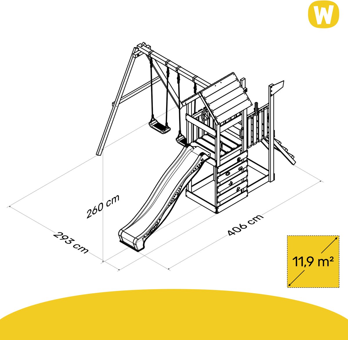 Wickey MultiFlyer Speeltoestel met Houten Dak - Dubbele schommel met Glijbaan - Klimwand & Zandbak - 293x406x260 cm - Rood — afbeelding 7