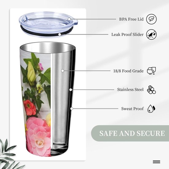 Reisbeker met Rietje - Thermosmok Mok - Dranken Warm Houden - Dubbelwandig Vacuüm Ontwerp - 590 Milliliter - Bloemen op Hout — afbeelding 5