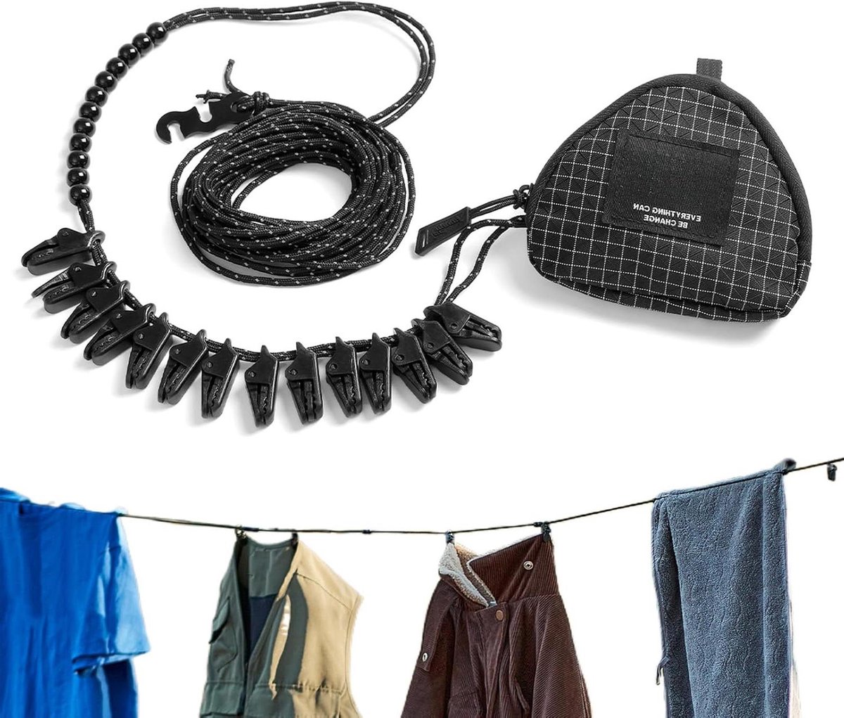 Waslijn met Clips - Draagbaar Droogrek - Outdoor Drogen - Reflecterende Kralen - 1 Meter - Zwart
