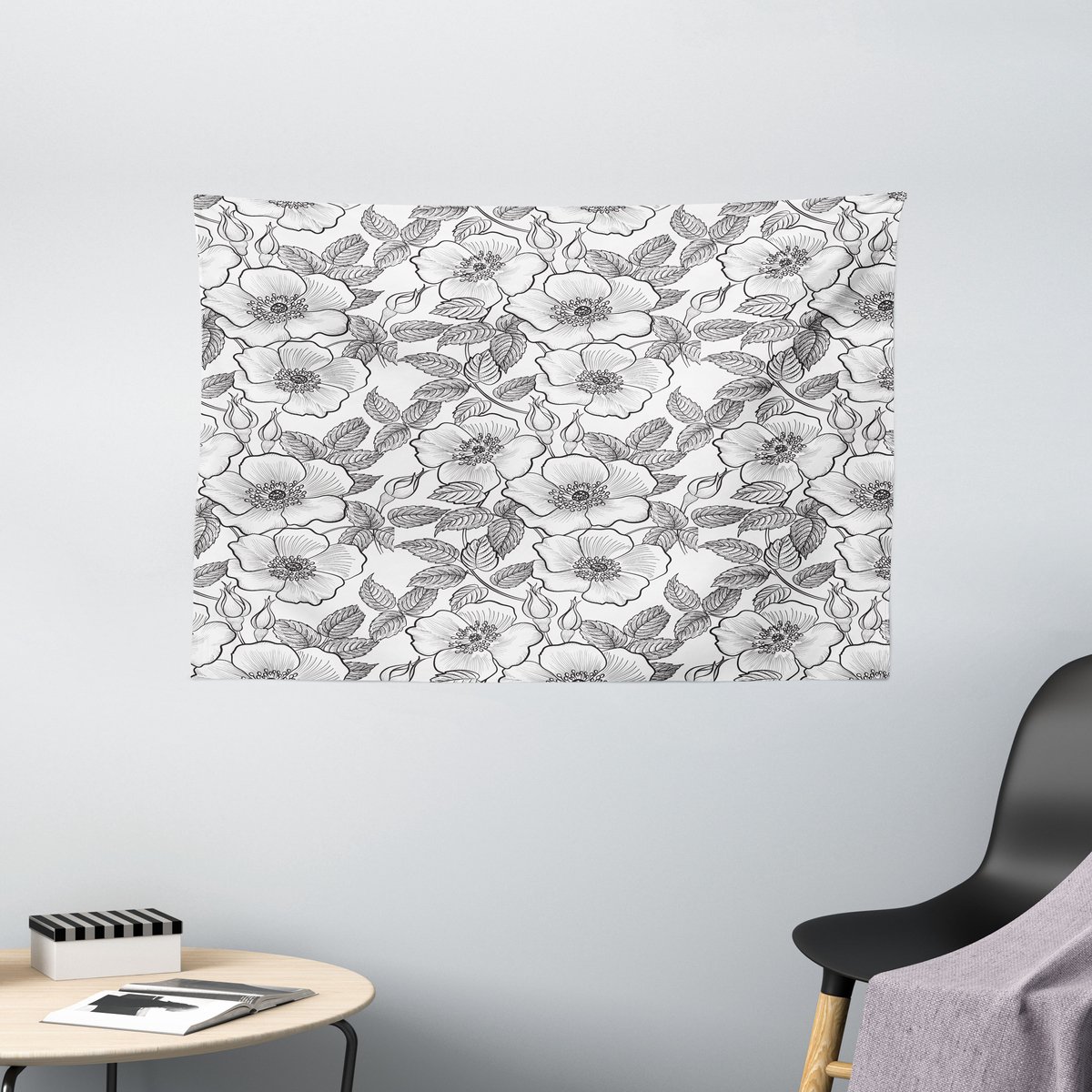 ABAKUHAUS Wit Wandtapijt, Ontluikende Bloeiende Bloemen, Woonkamer Slaapkamer Wanddoek Zijdezacht Satijn Tapijt, 150 x 100 cm, Antracietgrijs en Wit Houtskoolgrijs en wit