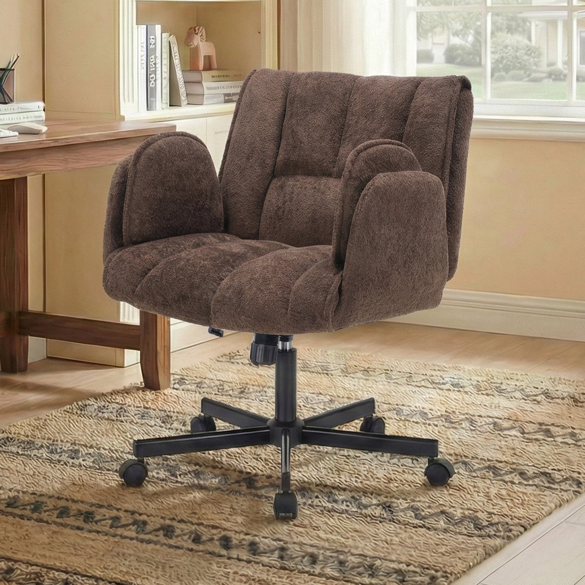 Ergonomische Bureaustoel - Fauteuilstoel - Opklapbare Armleuningen - Brede Verdikte Zitting - Verstelbare Opblaasbare Lendensteun - 360° Draaibaar met Stille Wielen - Computerstoel/Studeerstoel/Make-upstoel-Bruin van Vankel