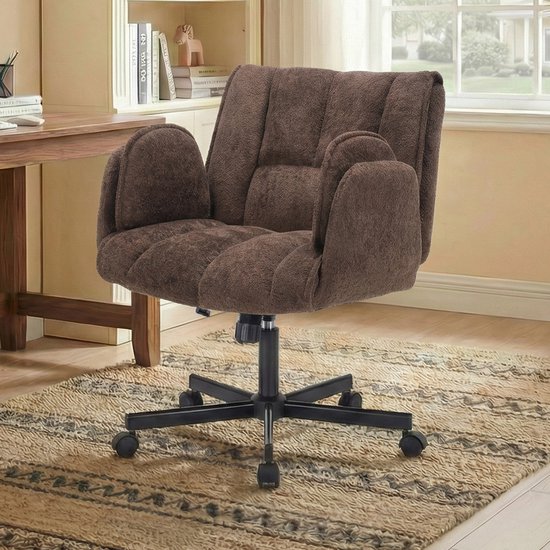 Ergonomische Bureaustoel - Fauteuilstoel - Opklapbare Armleuningen - Brede Verdikte Zitting - Verstelbare Opblaasbare Lendensteun - 360° Draaibaar met Stille Wielen - Computerstoel/Studeerstoel/Make-upstoel-Bruin