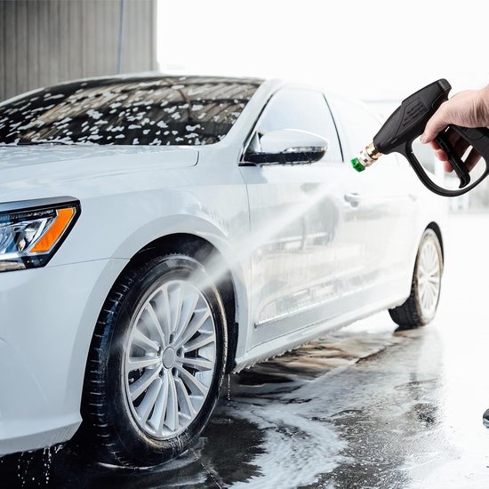 Autowaspistool - Met 5 snelkoppelsproeiers en Opschuimkan - Tuinslang Pistool - Spuitpistool - Hoge Druk Tuinspuit - Waterpistool - Tuinsproeier - Waterspuit - Met Verstelbare Straal - Met Drukknop - Voor Buiten, Huis, Garage, Terras, Tuin — afbeelding 2
