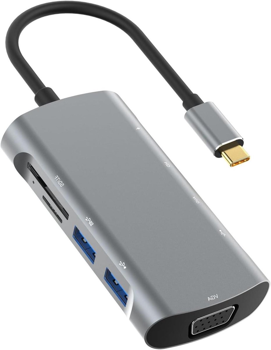 Dockingstation 9-in-1 - USB C Hub - Productiviteit Verhoging - 4K Video Output - 23.5 cm - Grijs