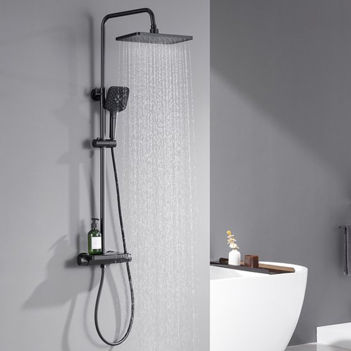 Auralum Max Regendoucheset Vierkant - Waterbesparend - Verstelbaar Douchesysteem met Thermostaat - met 10 inch Hoofddouche 3 Standen & PVC Slang - Mat Zwart