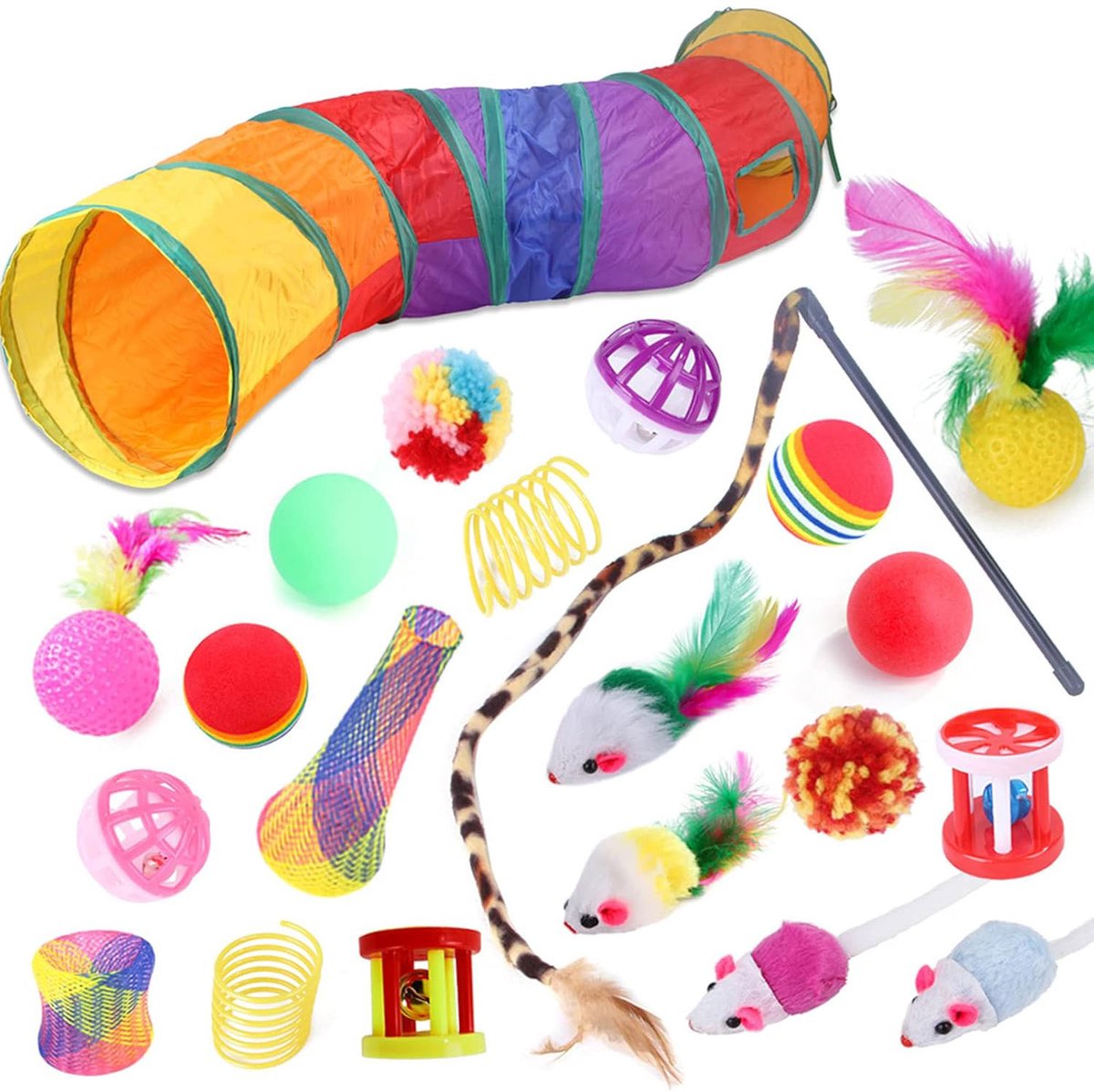 Katten Speelgoed Set 22-delig – Katten Tunnel met Hengel – Interactief Kat Speelgoed – Inclusief Ballen & Muizen