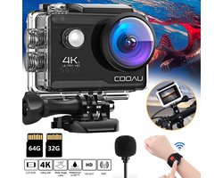 Action Camera 4K – 20MP / 60FPS / WiFi / 40M Waterdicht – Actiecamera – Onderwatercamera – Externe Microfoon – Inclusief Accessoires – Gratis App – Onderwatercamera – Beeldstabilisatie EIS – Lader – Afstandsbediening – Inch.32GB 64GB Karte