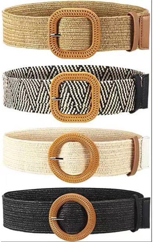 4 stuks - Retro riem voor dames - Vintage - Elastische ronde riem -Brede geweven tailleriem - Rotan - Retro - Elastische boho tailleriem - Ronde gesp - Voor dames - Brede Dames Riemen Ceinturen - Vintage gevlochten damesriem- 4.5*100cm