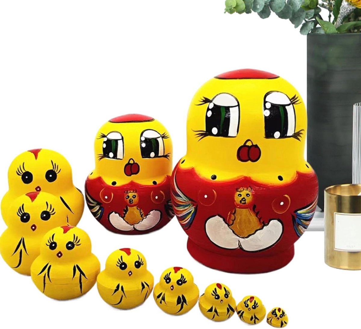 Russische poppen - Nestpoppen Matroesjka - Decoratie Hout - Handbeschilderd Uniek - 11 cm - Geel