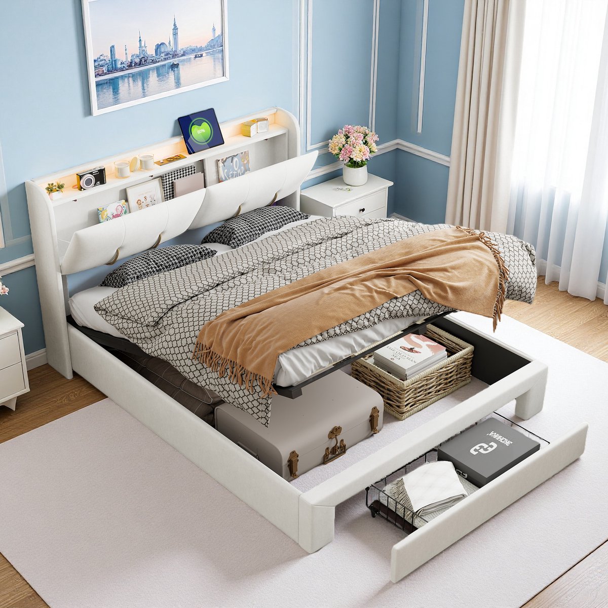 ROSAHQNDA Tweepersoonsbed 140x200cm, bed met USB-poorten, ledverlichting, lade, gestoffeerd bed met opbergruimte in het hoofdeinde, hoofdslaapkamer, fluweel, beige