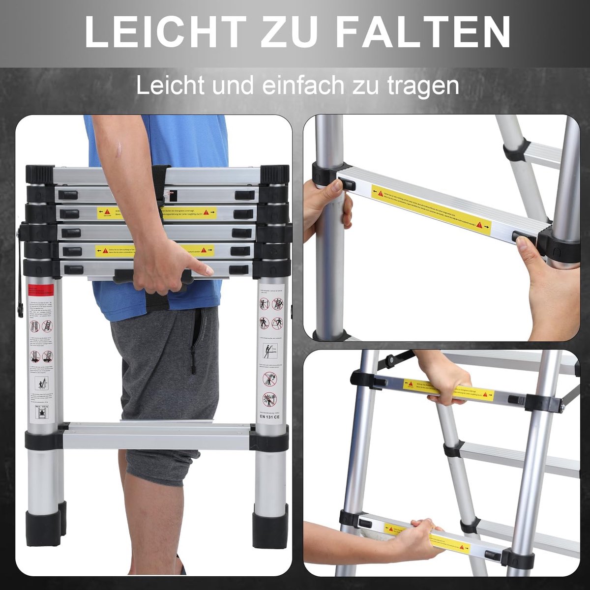 Eulenke Telescopische Ladder 1,4m+1,7m Aluminium Trapladder 4+5 Treden Draagbare Antislip Vouwladder, 150 kg Draagvermogen Staande Ladder, Aluminium Ladder voor Binnen, Buiten, Multifunctionele Ladder – foto 8