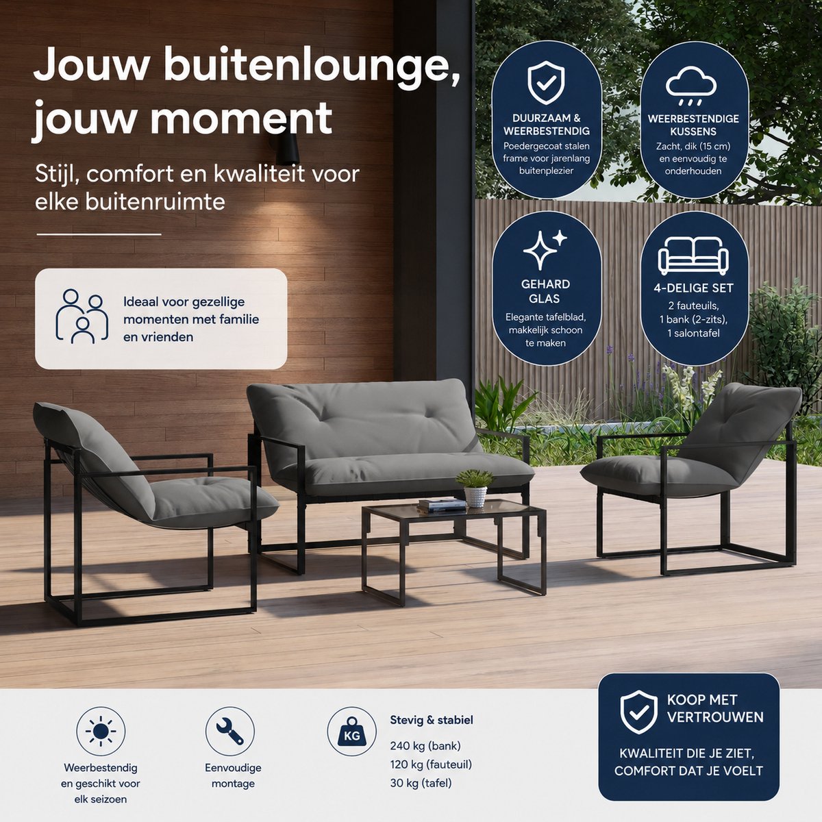 4-delige tuinset voor 4 personen met een 2-zitsbank, 2 fauteuils en 1 salontafel, grijs – foto 2