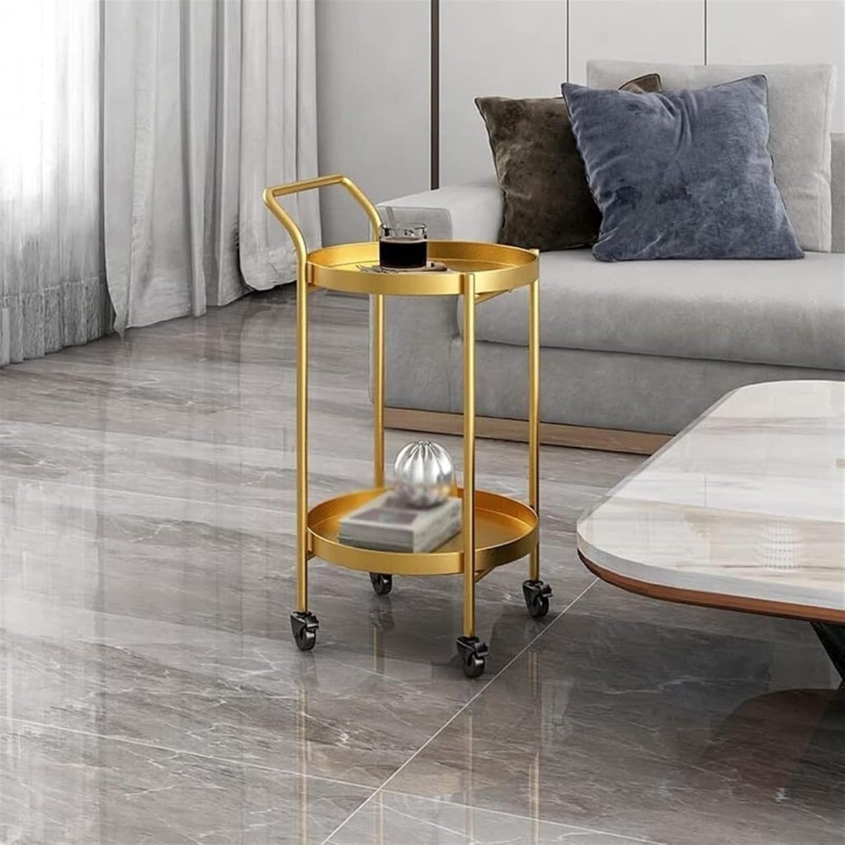 Metalen serveerwagen op wielen - ronde draaibare bar trolley met hoekplank en opstaande rand - multifunctionele drank- en bijzettafel voor keuken, woonkamer en kantoor - zwart/goud - Mobili Bella