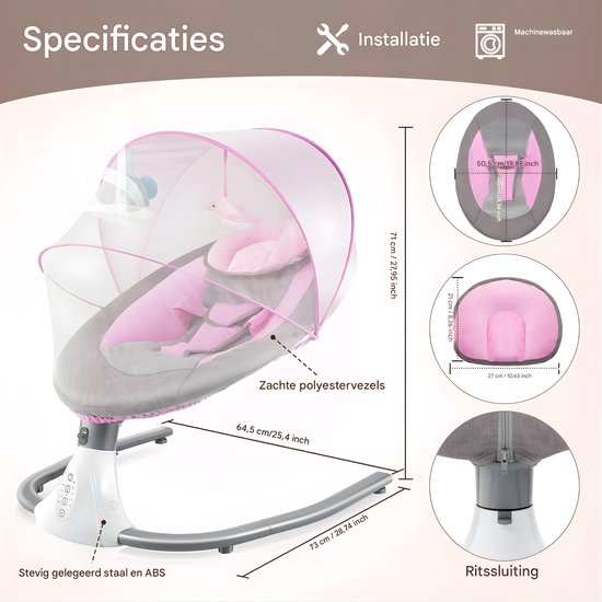 Elektrische Baby Schommelstoel – Opvouwbaar – Met Afstandsbediening en Mosquito Net – Baby Cradle Bed – Voor 0–18 Maanden – Roze — afbeelding 3