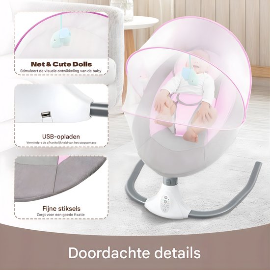 Elektrische Baby Schommelstoel – Opvouwbaar – Met Afstandsbediening en Mosquito Net – Baby Cradle Bed – Voor 0–18 Maanden – Roze — afbeelding 5