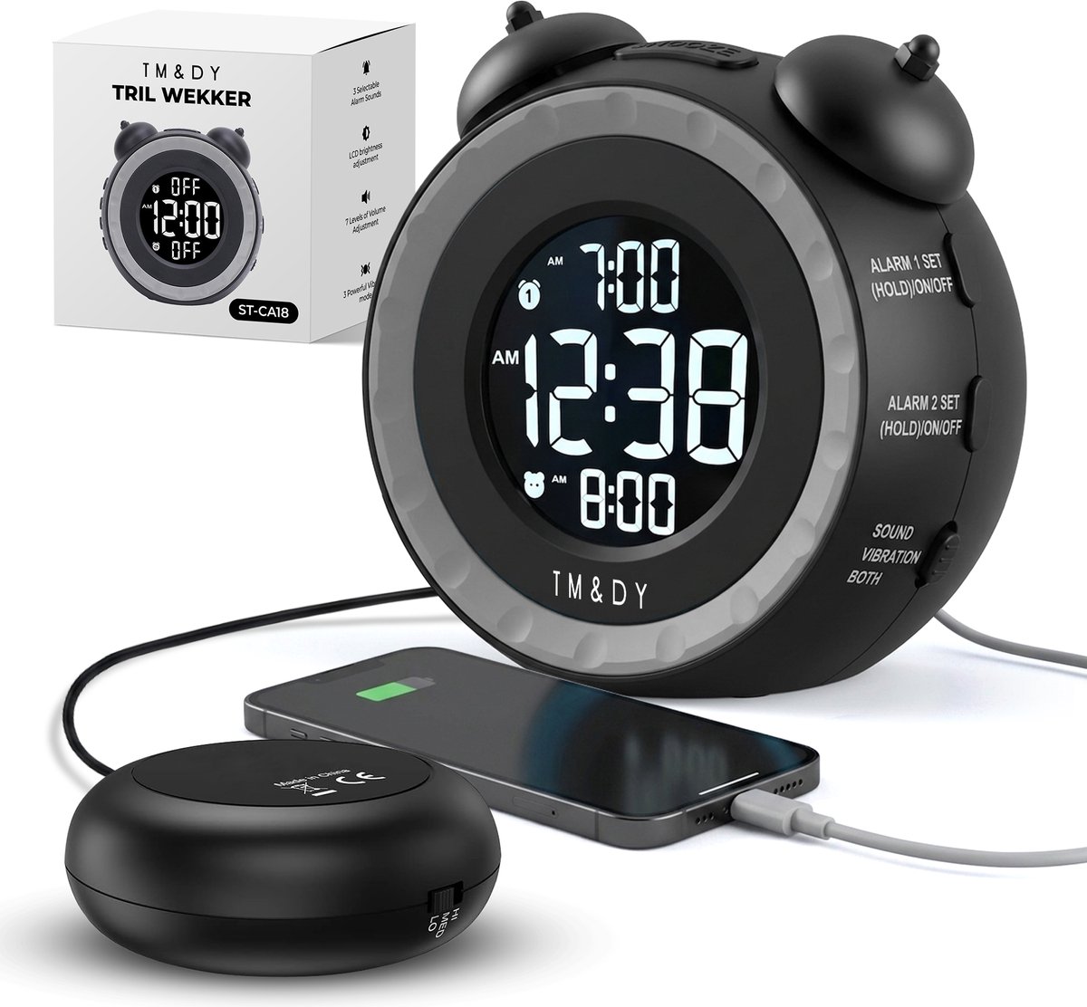 TM&DY Trilwekker met Trilkussen – Bed Shaker – 3 Trilstanden – Dual Alarm – USB Opladen – Voor Doven & Slechthorenden - Stille Trilwekker