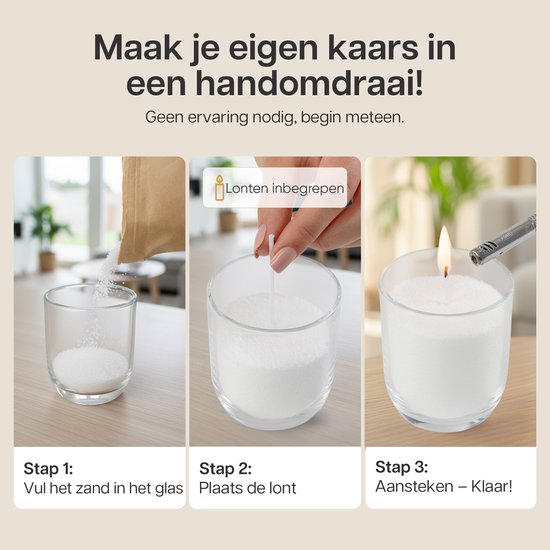 Stapsgewijze uitleg voor het maken van een kaars van zand. Stap 1: Vul het zand in het glas. Stap 2: Plaats de lont. Stap 3: Aansteeken.