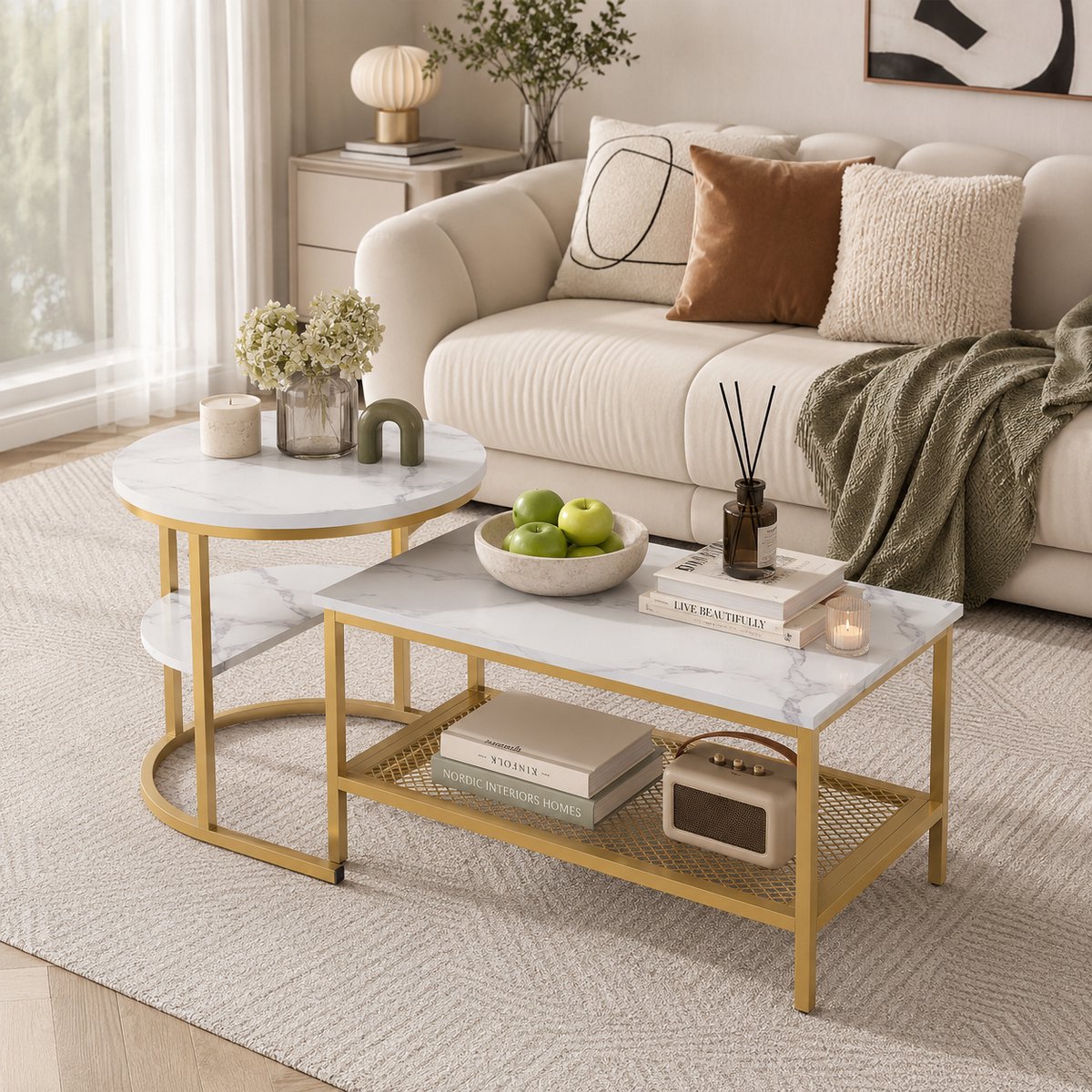 Salontafel Vierkante - Set van 2 - schuifbare bijzettafel - met 4 Niveaus - bijzettafelset voor woonkamer - Wit Marmerpatroon - Metalen frame - 80/52 cm - Goud
