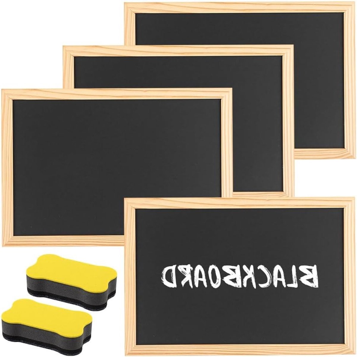 Set van 4 A4 schoolborden met houten frame - krijtbord voor schrijven, memo's en feesten, inclusief 2 sponsen voor kinderen en volwassenen