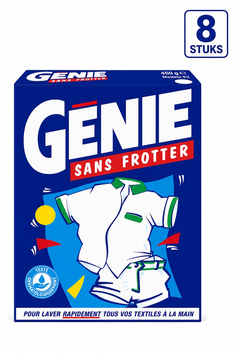 GENIE Sans Frotter Waspoeder 450 g - Set van 8 Pakken (3.6 kg Totaal) - Vlekverwijderaar Handwas Poeder voor Witte en Bonte Was - Werkt in Koud Water - Voordeelpak NIET GESCHIKT VOOR WASMACHINE