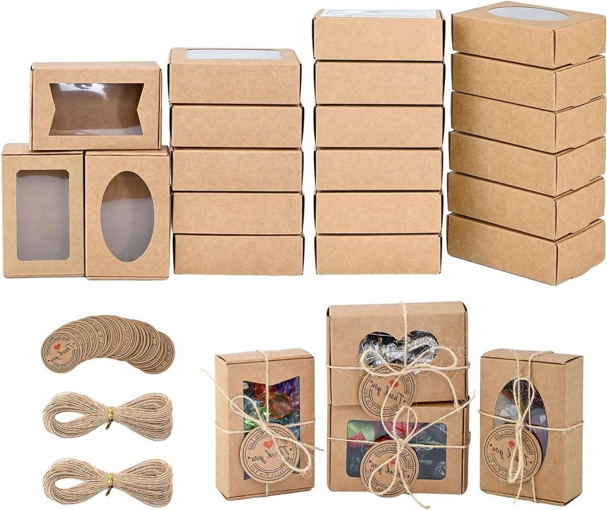 Kraftpapieren geschenkdozen met kijkvenster - 24 stuks + 24 kaarten + 2 rollen jute koord - Ideale doe-het-zelf verpakkingsset voor koekjes, zeep en sieraden, perfect voor Kerstmis en andere geschenken