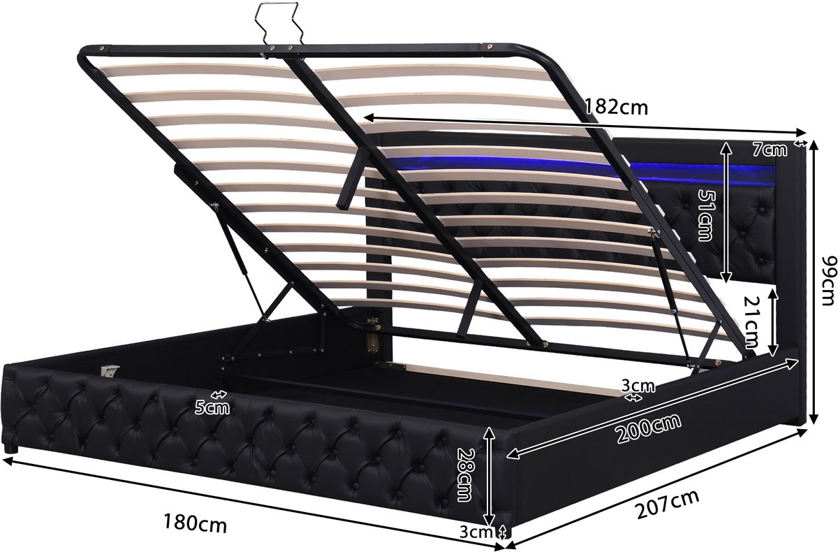 Welltin Gestoffeerd tweepersoonsbed 180x200 cm met bedframe - Inclusief hoofdbord - LED-lichtstrip - Hydraulische liftfunctie - Metalen frame - Knoopdesign - Moderne stijl - Wit (matras niet inbegrepen) Zwart