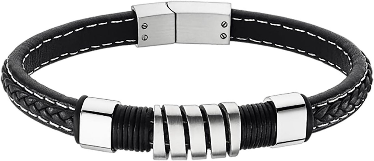 Heren Armband - Leren Band - Dagelijks Gebruik - Zilveren Details - 20 cm - Blauw