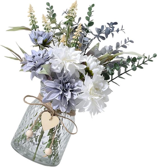 Kunstbloemen in vaas - Zijden boeket - Woonkamer decoratie - Romantische hart details - 38 cm hoog - Meerkleurig