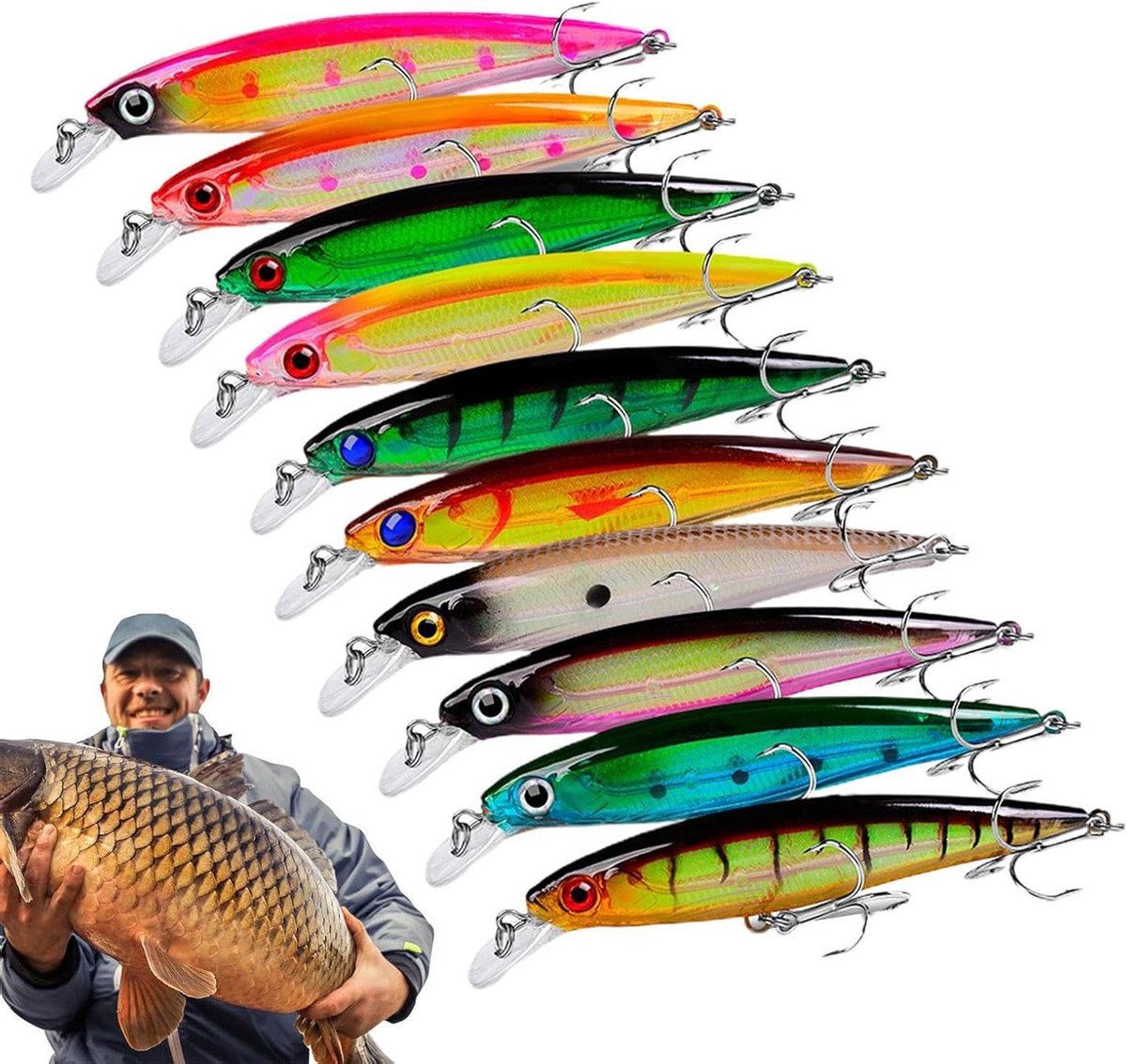 Bass Kunstaas | Zoetwater Kunstaas Set Van 10 Delen | 3D Kieuwen Ogen Roestvrij Kunstaas Geschikt Voor Zoetwater Zoutwater Buiten Beginners Hengelaars
