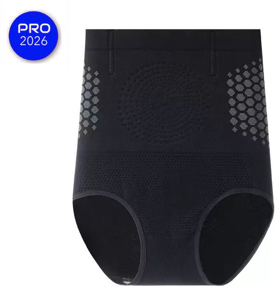 Zwarte corrigerende slip met hoge taille, hexagonaal patroon op de zijkanten en cirkelvormig patroon middenvoor.
