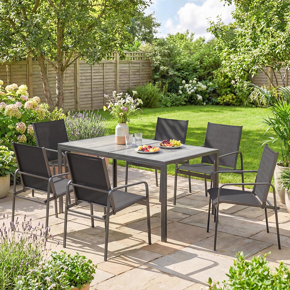 YEHTOKHOME Tuinset met tafel en 6 ademende stoelen, houtlook, stalen frame, weerbestendige eetgroep, Tuinmeubelset voor balkon of tuin, 6 personen, zwart