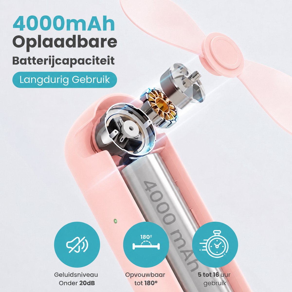 Twenty4seven® Mini Handventilator met Spiegeltje en Zaklamp - Draagbare Ventilator Oplaadbaar - Waaier Handwaaier - Tafelventilator Draadloos - Hand Fan met 3 standen — afbeelding 3