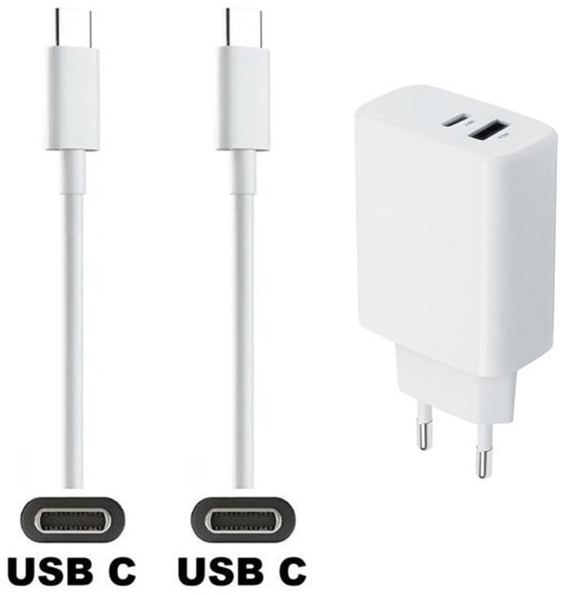 OneOne 30W super snellader met 2 poorten en screenprotector van glas voor iPhone 16e en iPhone 17e. Oplader met sterke 2,0m USB C naar C kabel. Krachtige witte universele PD PPS lader adapter. Screenprotector past op Apple iPhone 16e, iPhone 17e