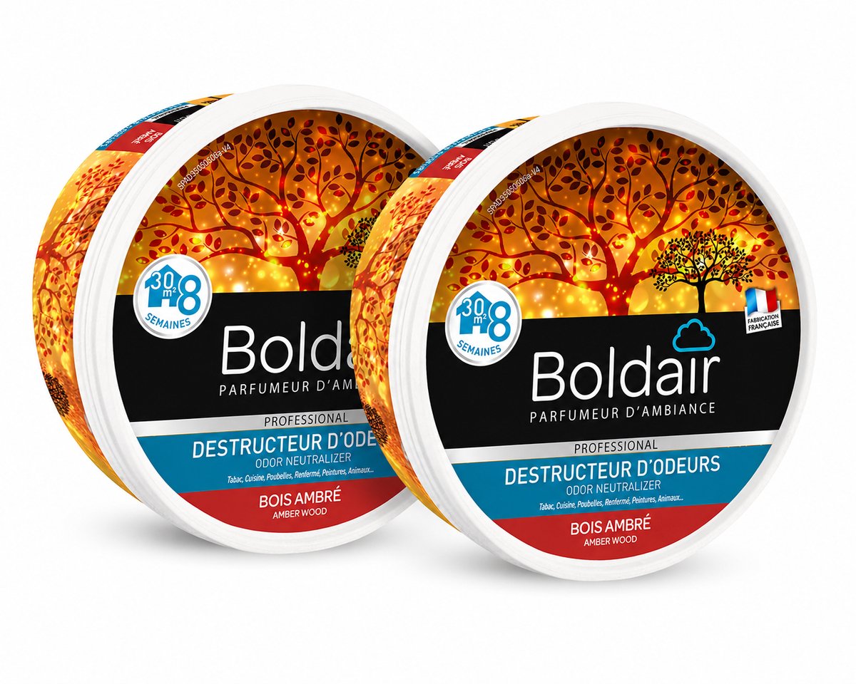 Boldair Geurverdrijver Gel Ambre 300 g - Set van 2 Stuks - Professionele Luchtverfrisser Geurneutralisator - 8 Weken Werking tot 30 m² - Made in France Grasse