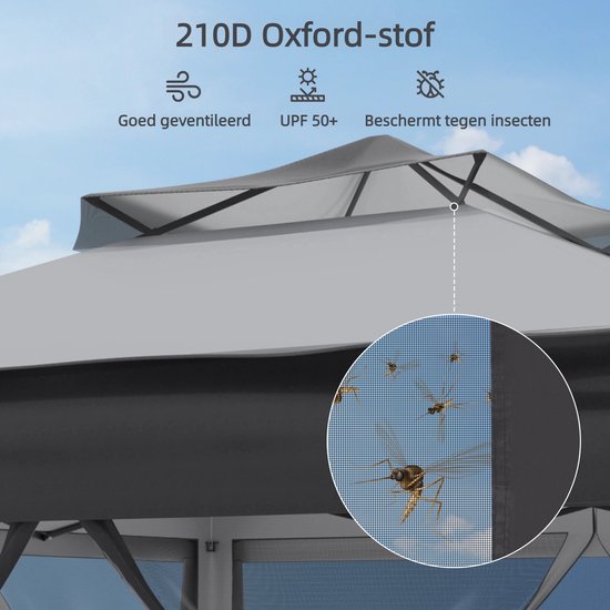 Puluomis - Tuinpaviljoen met waterafstotend dubbel dak - Gazebo met UV-bescherming - Afmetingen (LxBxH) 3x3x2.7M - Vouwpaviljoen - 4 klamboe zijpanelen - Opvouwbaar - Inclusief transporttas - Grijs
