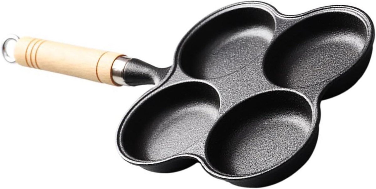 Eier omeletpan - Gietijzeren koekenpan - Ontbijt bereiden - Vierkops ontwerp - 1100 gram - Zwart