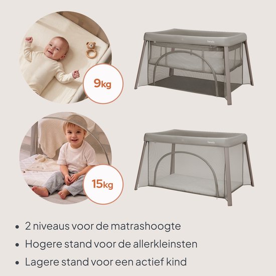 Illustratie van een baby en peuter in het reisbedje, met tekst over gewichtslimieten en hoogteposities.