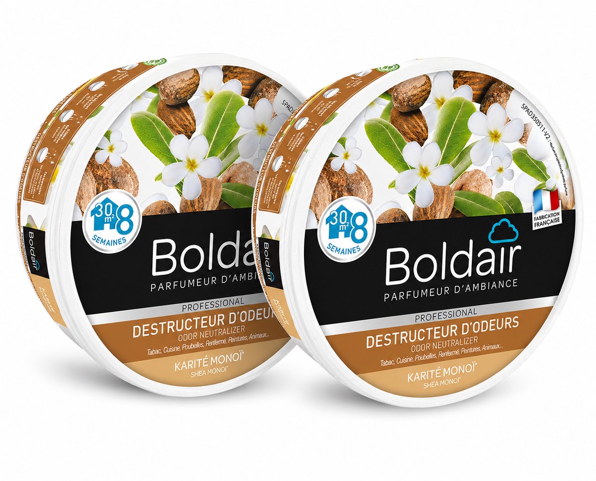 Boldair Geurverdrijver Gel Karité Monoï 300 g - Set van 2 Stuks - Professionele Luchtverfrisser Geurneutralisator - 8 Weken Werking tot 30 m² - Made in France Grasse