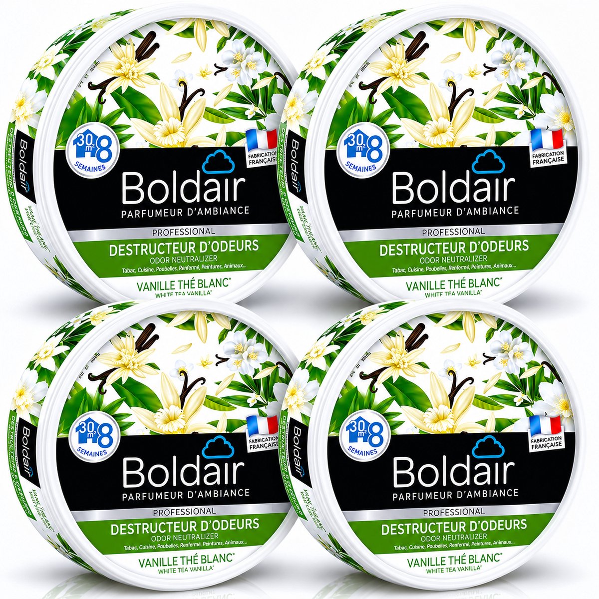 Boldair Geurverdrijver Gel Thé Blanc Vanille 300 g - Set van 4 Stuks - Professionele Luchtverfrisser Geurneutralisator - 8 Weken Werking tot 30 m² - Made in France Grasse