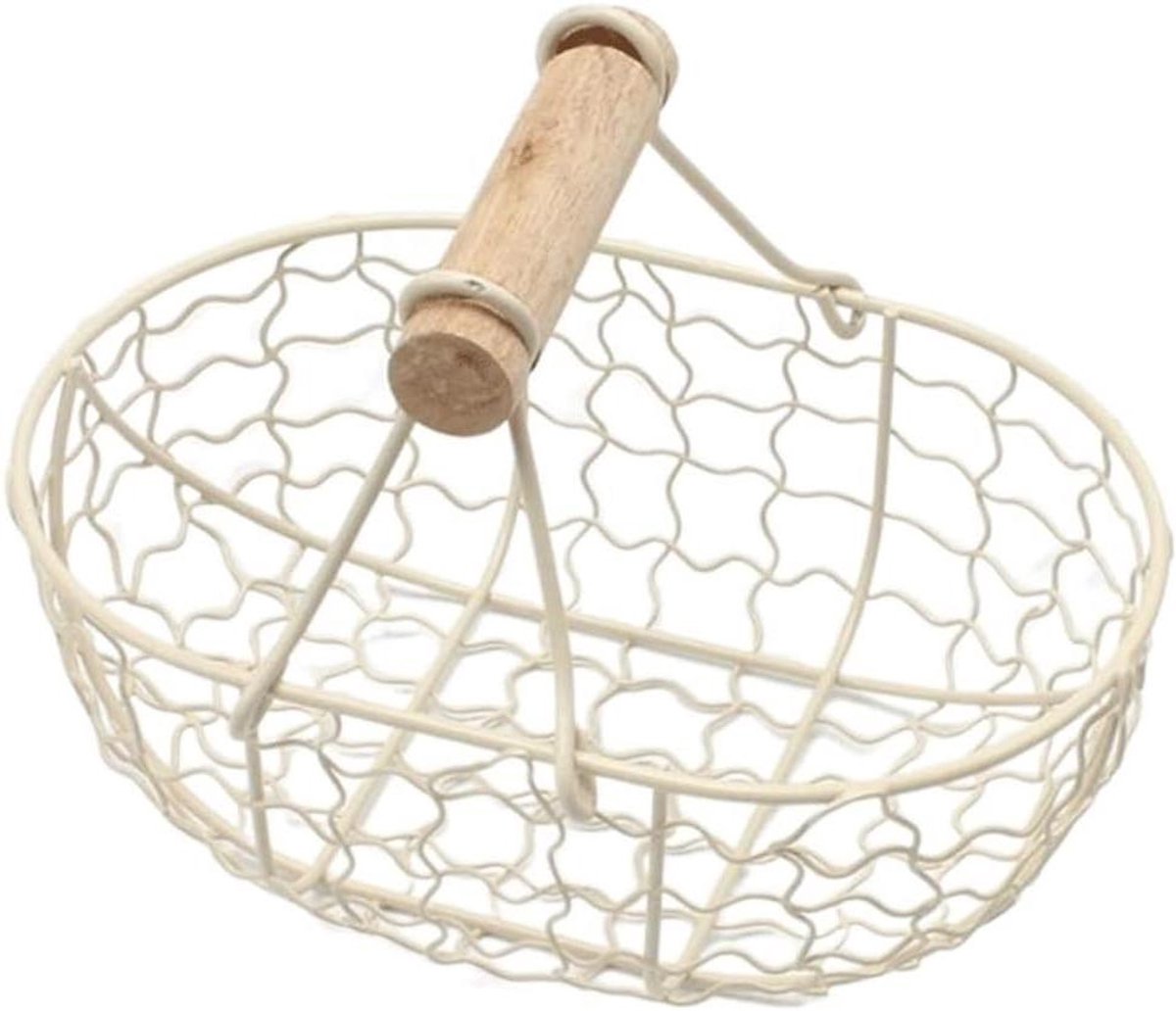Opbergmand - Draadmand - Keukenopslag - Houten handgrepen - 18x12x12 cm - Wit