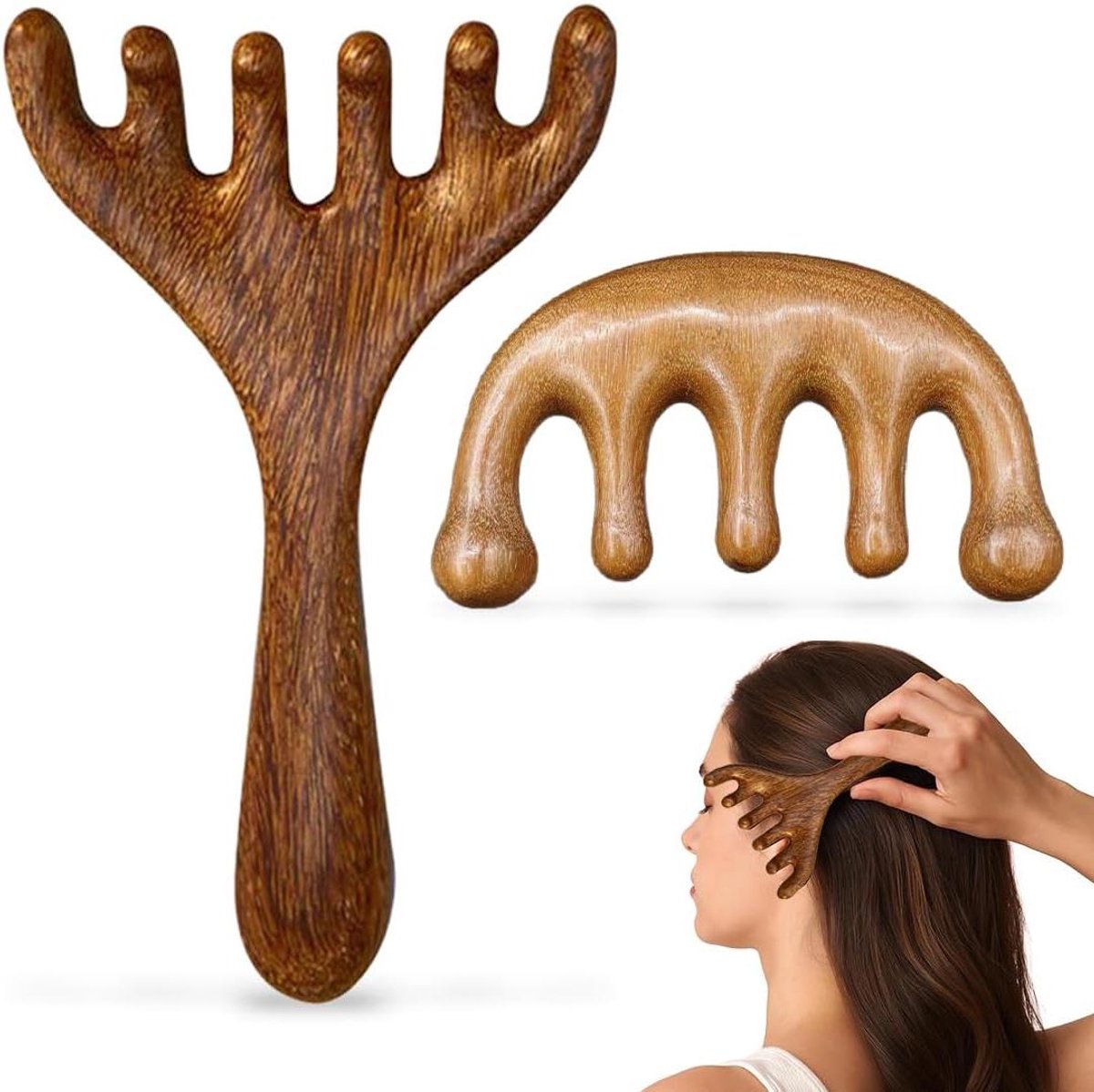 Houten hoofdmassagers - Hoofdkrasser set - Ontspanning en stressvermindering - Dubbele massagevormen - Set van 2 - Houtkleur