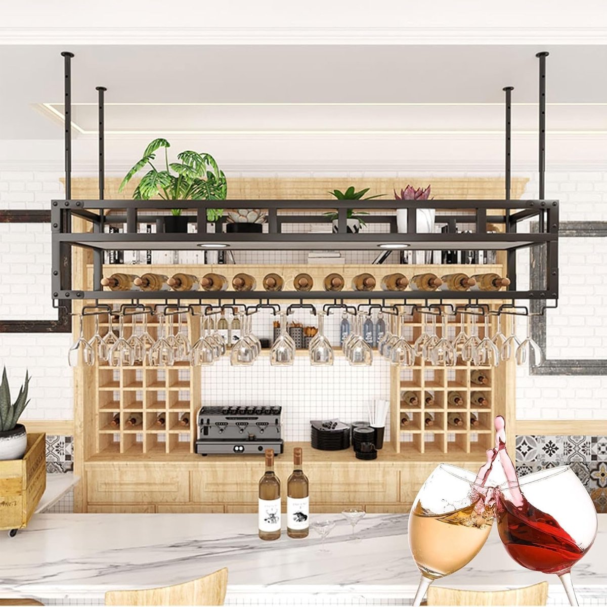 Wandmontiertes LED Weinregal 3-stöckig – Hängendes Weinflaschen- & Gläserregal mit Bar-Organizer & Kronleuchter Design – Industrieller Spirituosenhalter für Küche, Hausbar & Wohnzimmer – HomebyNicole