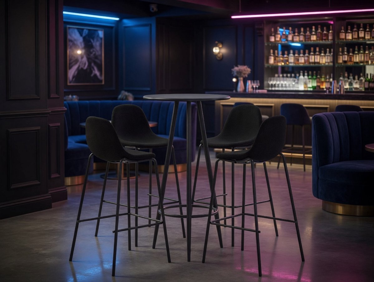 5-Delige Moderne Barset Zwart Stof - Bartafel MDF + 4 Barkrukken met Rugleuning - Gepoedercoat Stalen Frame - Voor Woning, Tuin, Bar & Restaurant - Ganeey